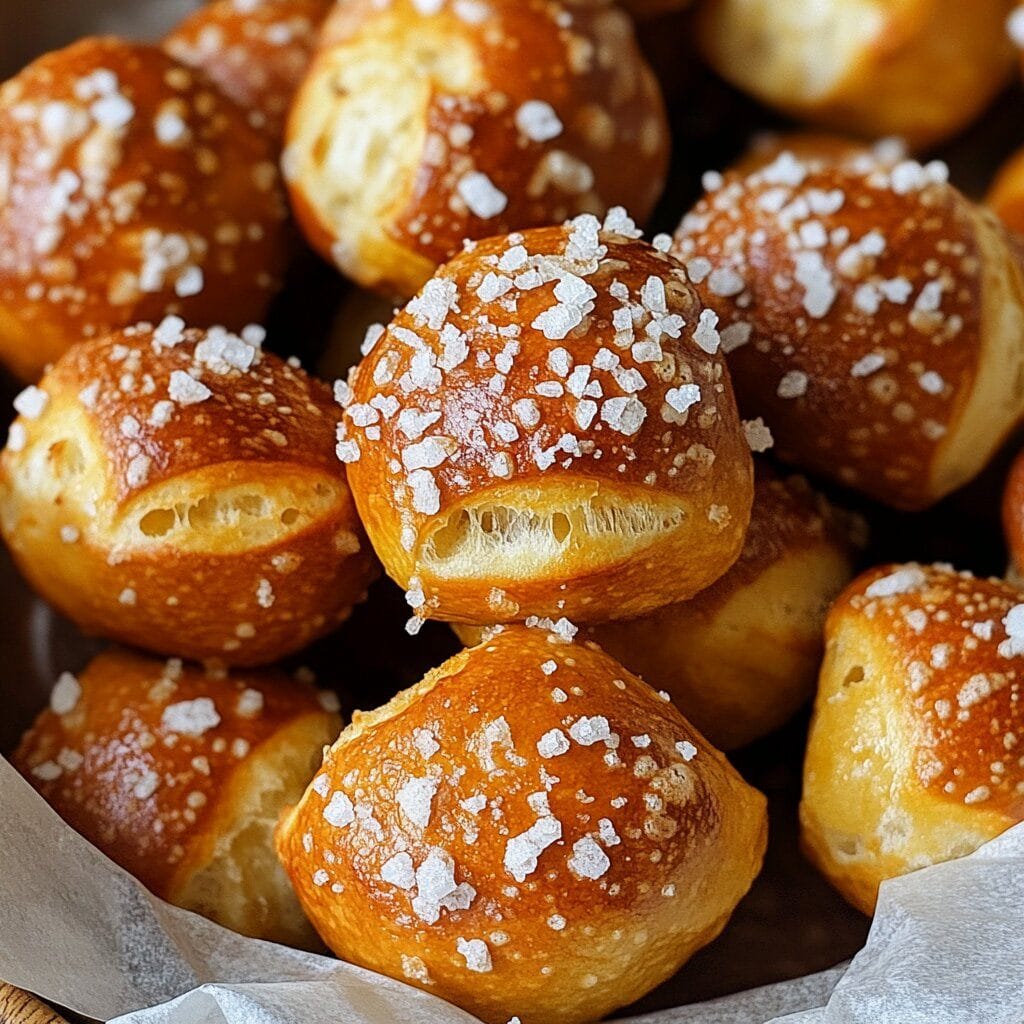 Sourdough Discard Pretzel Bites: The Ultimate Zero-Waste Snack 1 Freshly baked sourdough discard pretzel bites topped with coarse sea salt, golden brown and crispy on the outside with a soft, chewy center.