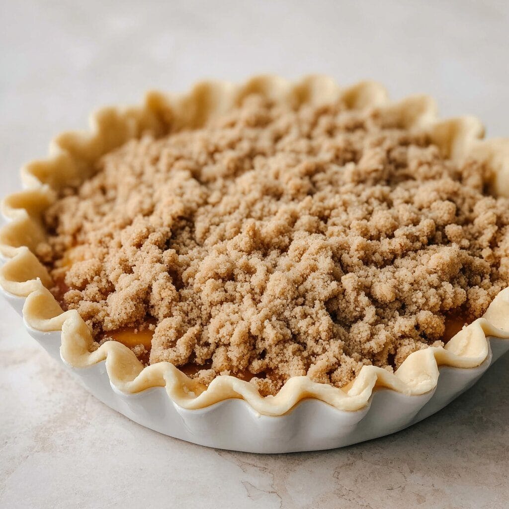 The Ultimate Guide to Making the Best Peach Crumble Pie 13 A close-up side view of an unbaked peach crumble pie in a white ceramic pie dish. The pie has a raw fluted crust and is generously topped with a brown sugar crumb topping, ready to go into the oven. The background is a soft, neutral countertop.