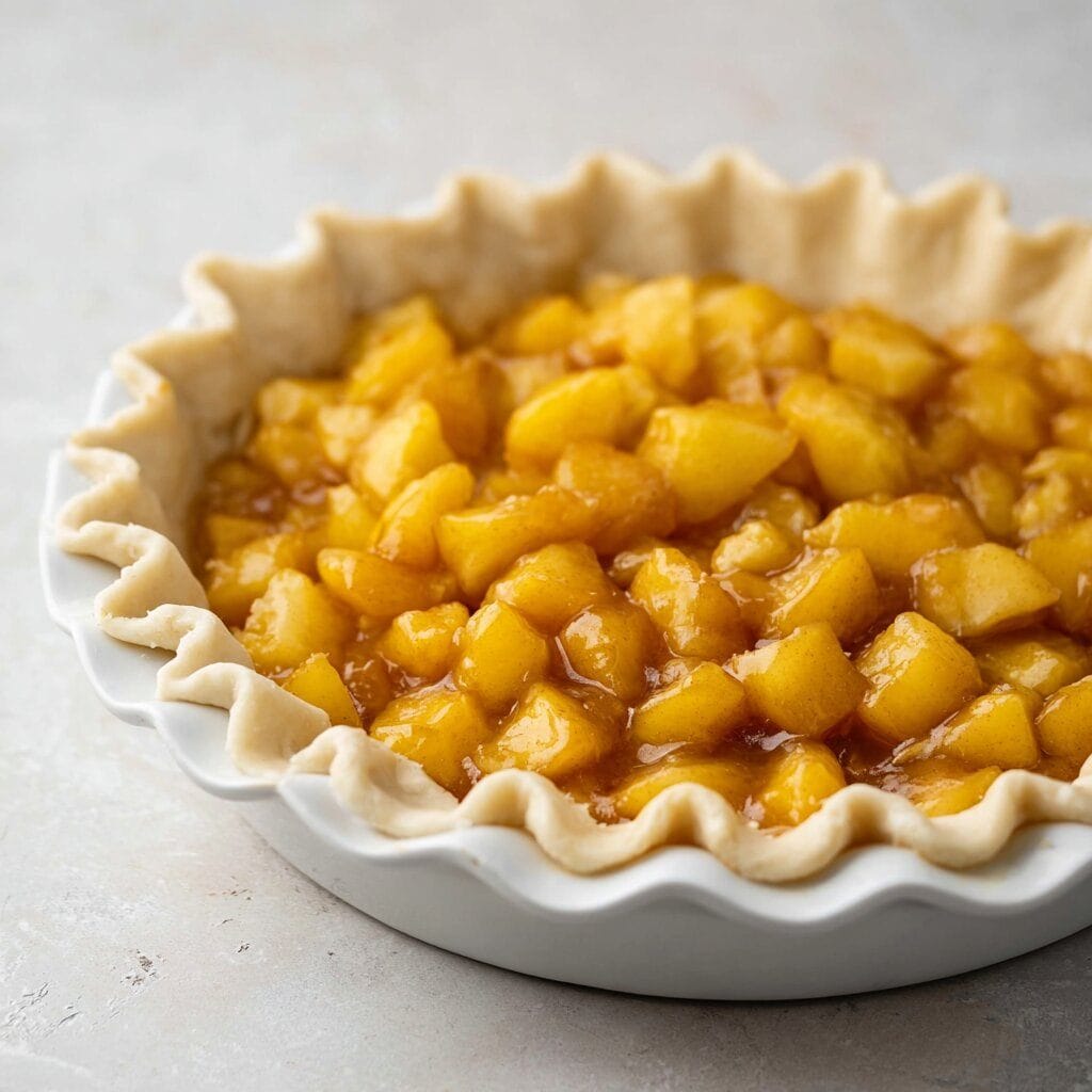 The Ultimate Guide to Making the Best Peach Crumble Pie 11 A white ceramic pie dish filled with bright golden peach pie filling and an unbaked fluted pie crust, placed on a light marble surface. The glossy fruit mixture is made with diced peaches and thick syrup, ready for baking.
