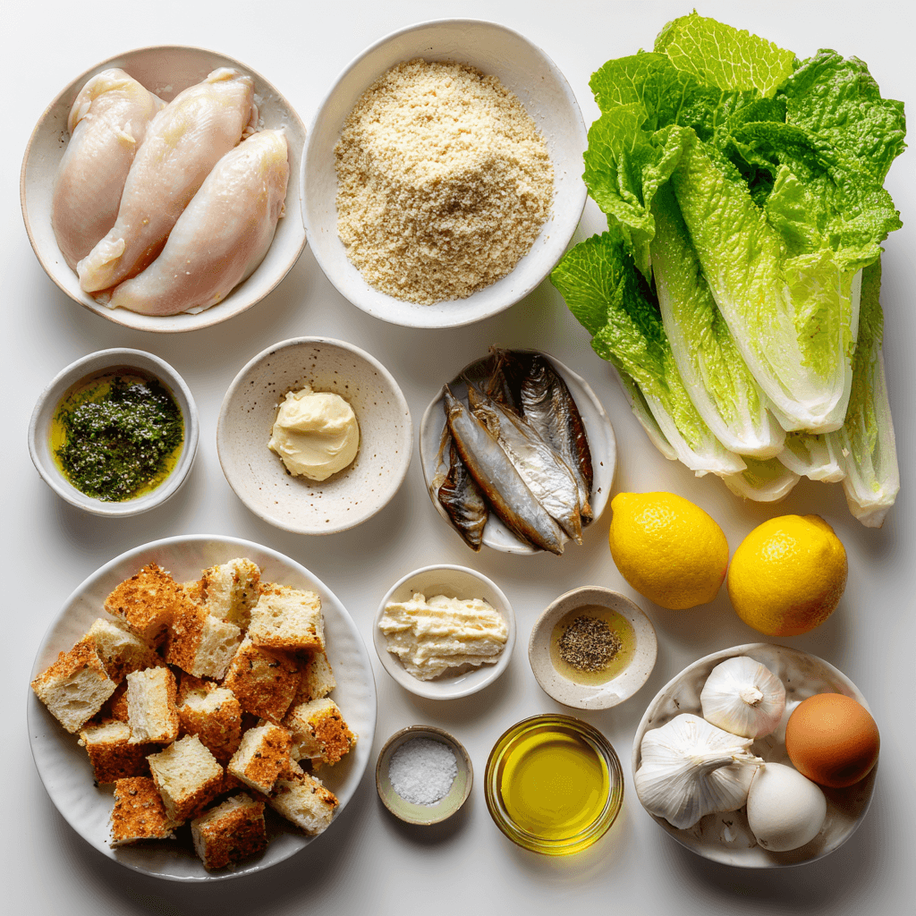 Crispy Chicken Caesar Salad with Focaccia Croutons | Easy & Flavorful Recipe 4 Step-by-step preparation of Crispy Chicken Caesar Salad with Focaccia Croutons, from breading and frying to toasting croutons and assembling.