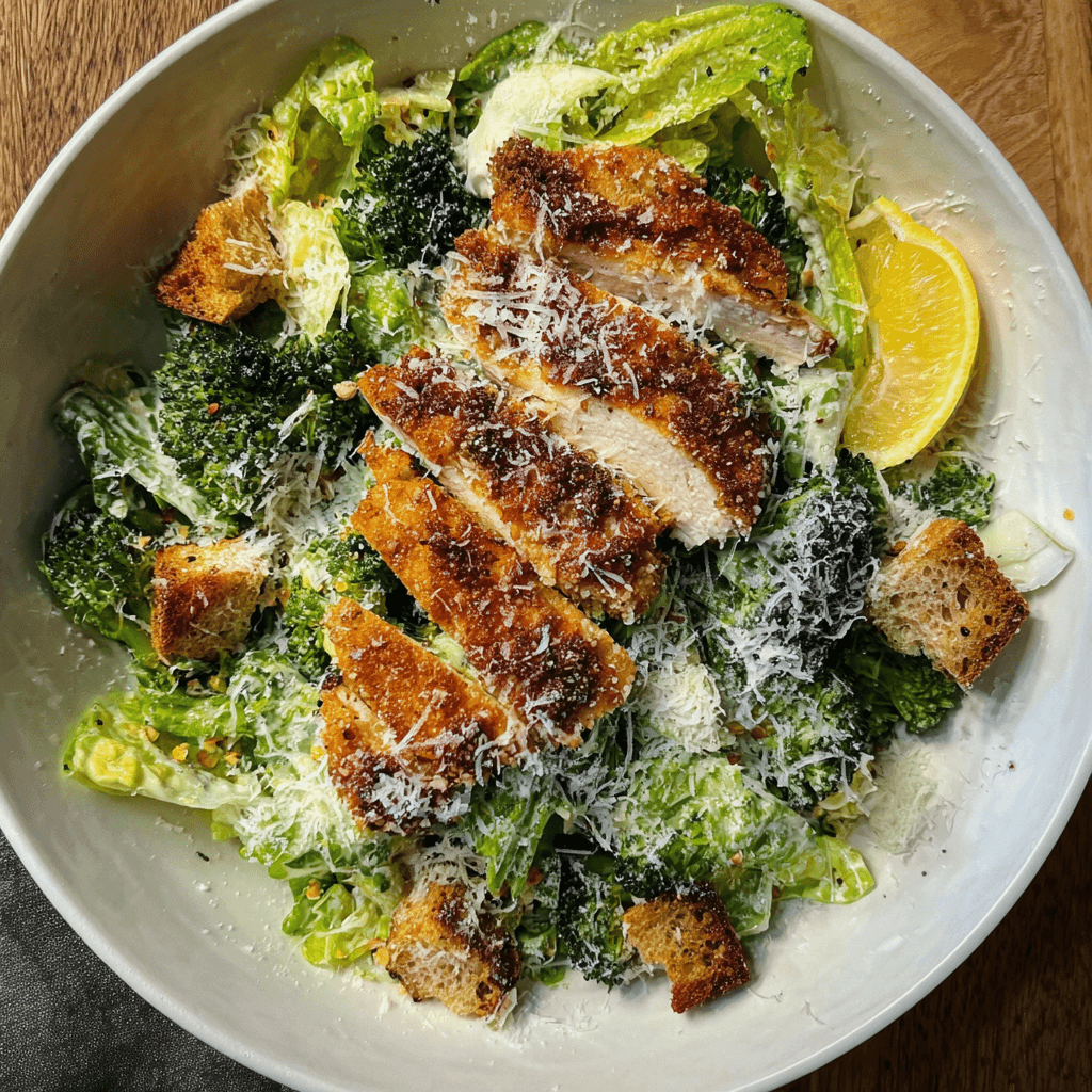 Crispy Chicken Caesar Salad with Focaccia Croutons | Easy & Flavorful Recipe 3 Top view of Crispy Chicken Caesar Salad with Focaccia Croutons, roasted broccoli, and grated Parmesan in a white bowl.