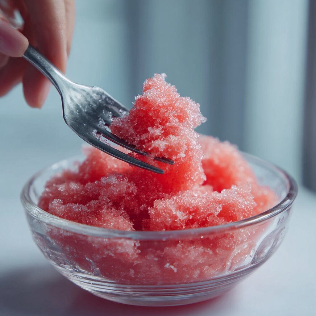 Watermelon Sorbet Recipe: The Ultimate Summer Treat 11 Icy texture on watermelon sorbet recipe in a glass bowl being fluffed with a fork inside a freezer