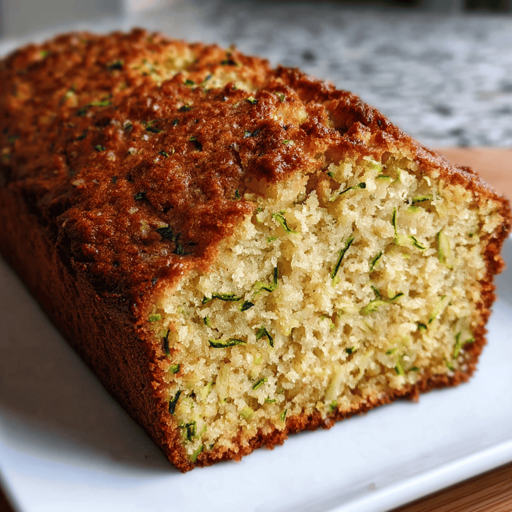 Close-up of a moist homemade zucchini bread loaf with golden crust and visible shredded zucchini inside