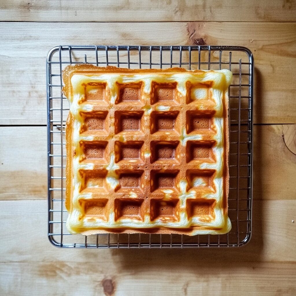 How to Make Sourdough Discard Waffles: A Zero-Waste Breakfast Favorite 7 Golden square sourdough discard waffle cooling on a wire rack over a wooden surface, showing crisp texture and deep waffle pockets.