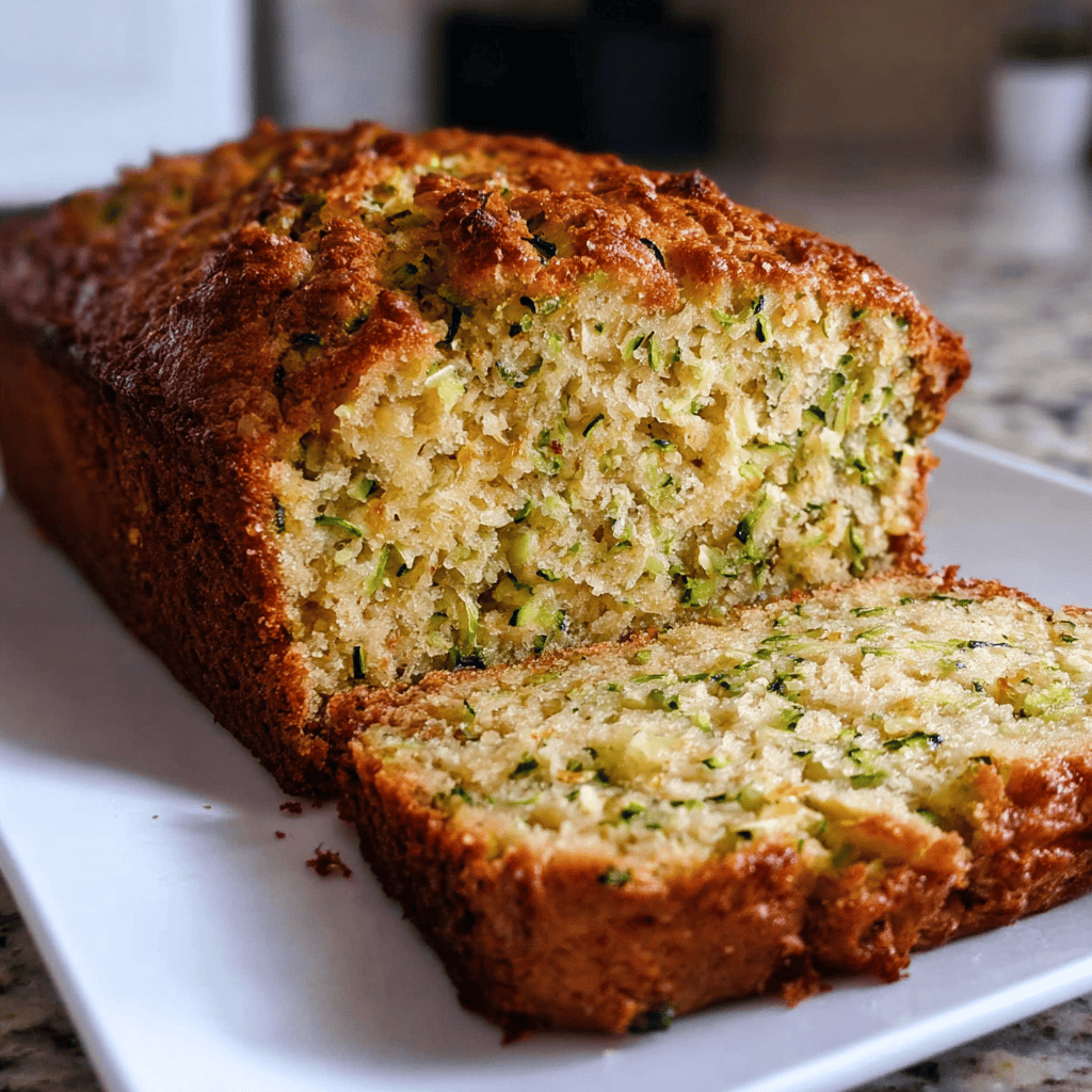 Best Zucchini Bread Recipe: Easy, Moist, and Full of Flavor 4 Sliced loaf of homemade zucchini bread with a golden crust and moist interior, served on a white plate