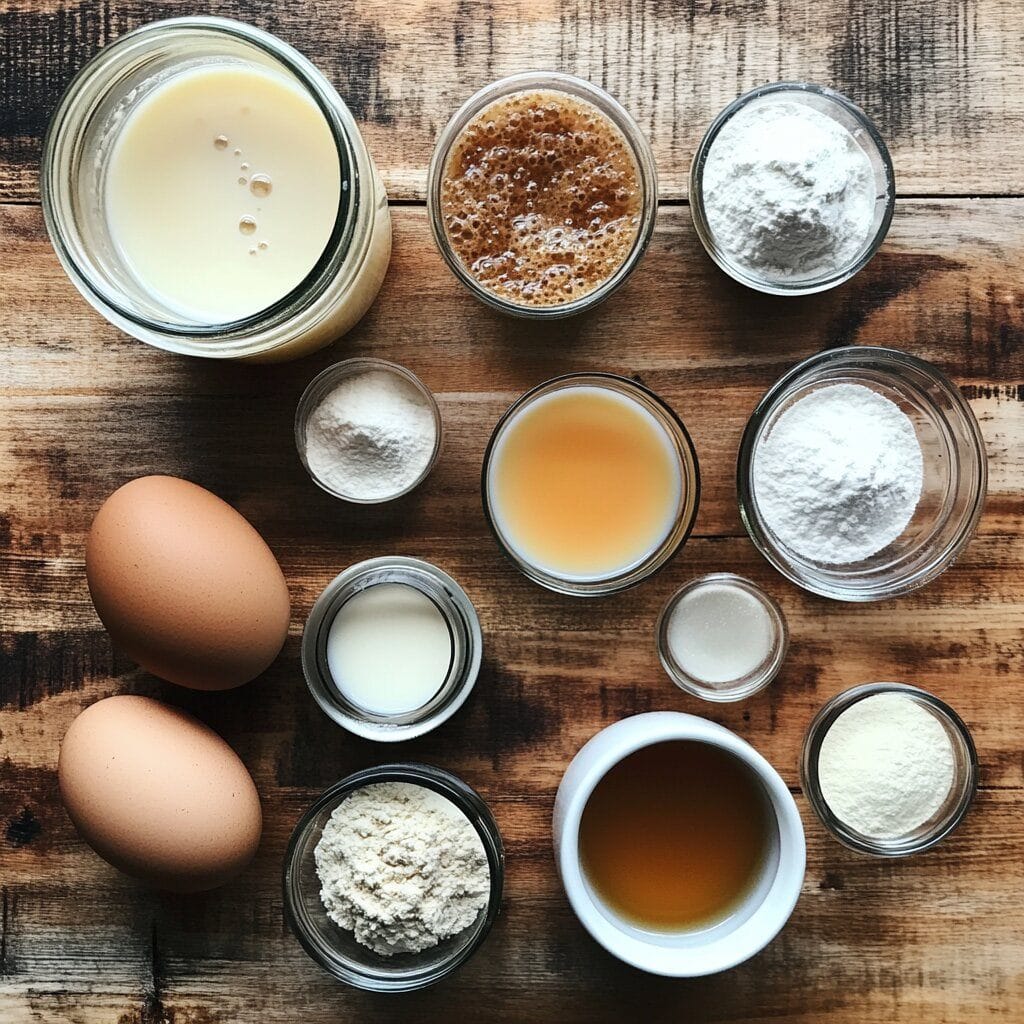 How to Make Sourdough Discard Waffles: A Zero-Waste Breakfast Favorite 6 Overhead image of sourdough discard waffle ingredients including eggs, sourdough starter, flour, milk, melted butter, vanilla extract, sugar, salt, and baking soda on a wooden surface.