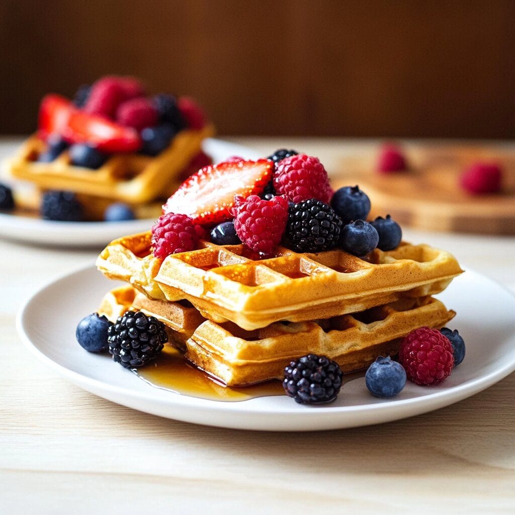 How to Make Sourdough Discard Waffles: A Zero-Waste Breakfast Favorite 8 📝 Suggested Alt Text
Golden sourdough discard waffles stacked on a plate with fresh berries and maple syrup, with another plate of waffles blurred in the background.