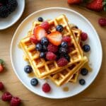 How to Make Sourdough Discard Waffles: A Zero-Waste Breakfast Favorite 9 Stack of golden sourdough discard waffles topped with fresh strawberries, blueberries, raspberries, and blackberries, served with maple syrup on a white plate.