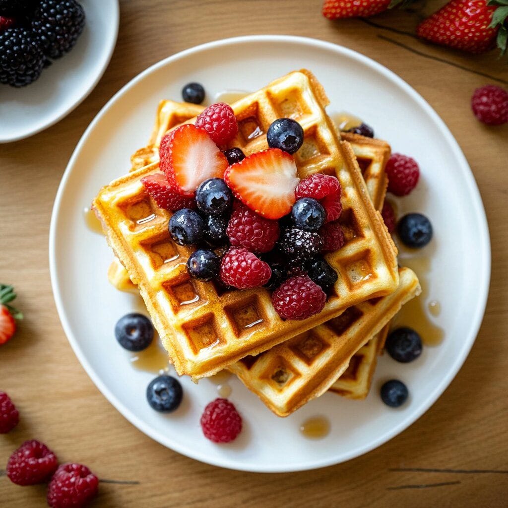 How to Make Sourdough Discard Waffles: A Zero-Waste Breakfast Favorite 5 Stack of golden sourdough discard waffles topped with fresh strawberries, blueberries, raspberries, and blackberries, served with maple syrup on a white plate.