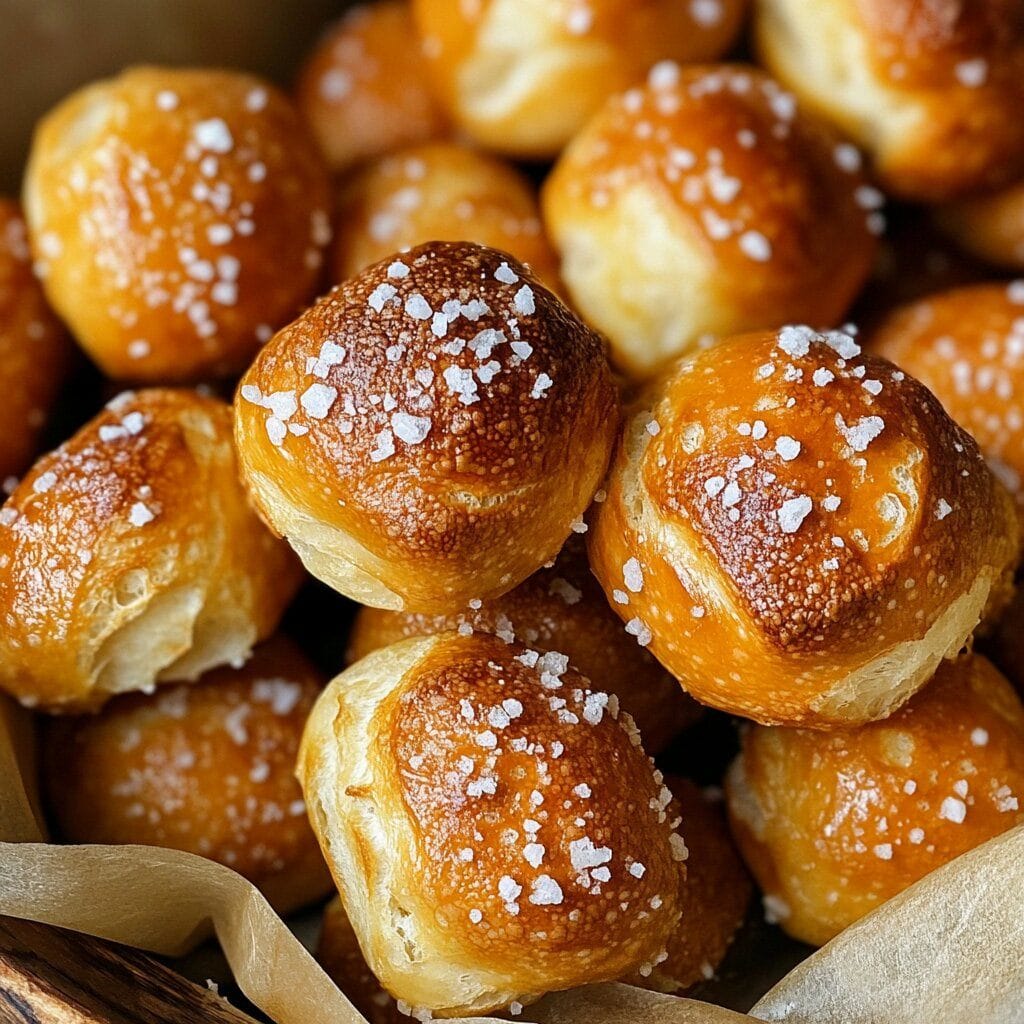 Sourdough Discard Pretzel Bites: The Ultimate Zero-Waste Snack 2 A basket of golden sourdough discard pretzel bites sprinkled with flaky sea salt, showcasing a glossy, perfectly baked crust and soft interior.