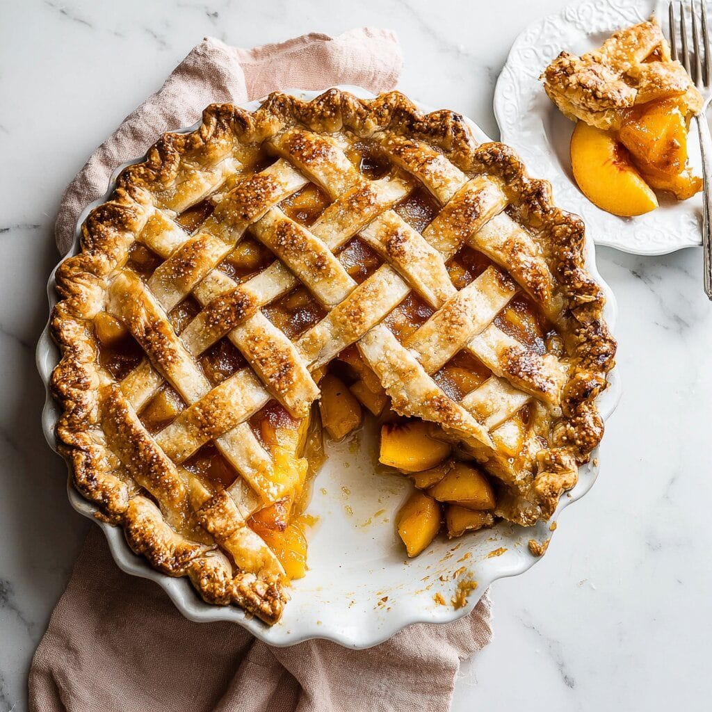 An overhead image of a peach pie recipe with a golden lattice crust, one slice removed to show the juicy peach filling. A whole peach and a pink cloth are nearby, with a serving of the pie on a white plate in the corner.