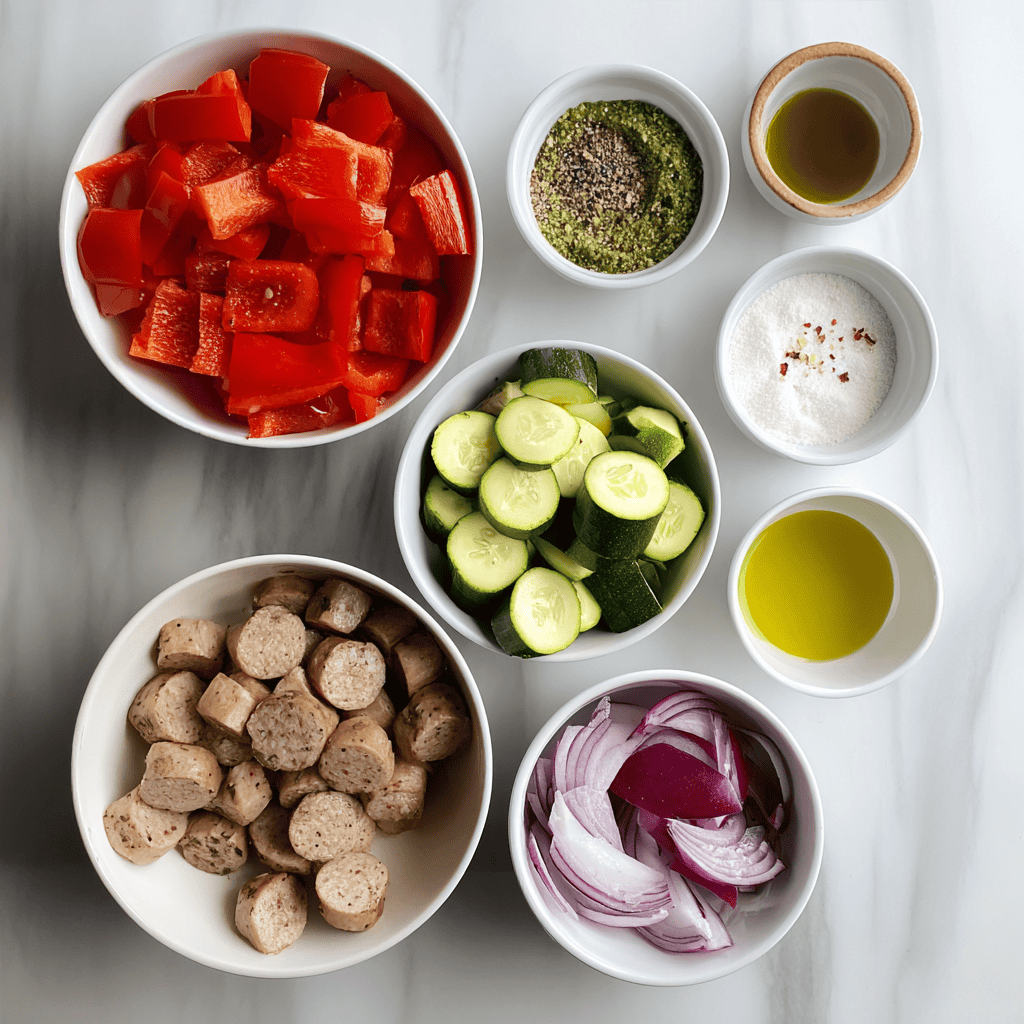 Quick & Healthy Air Fryer Dinner: Chicken Sausage with Veggies 2 Sliced chicken sausage, red bell peppers, zucchini, red onions, olive oil, and seasonings for air fryer chicken sausage and veggies recipe