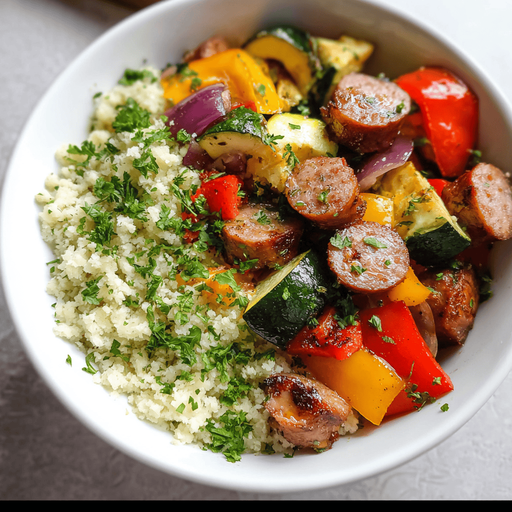 Quick & Healthy Air Fryer Dinner: Chicken Sausage with Veggies 1 Bowl of air fryer chicken sausage and veggies served with fluffy cauliflower rice and fresh herbs