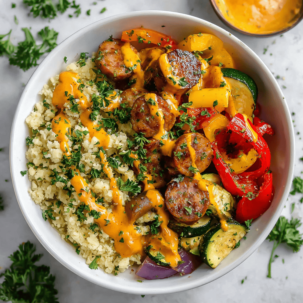 Quick & Healthy Air Fryer Dinner: Chicken Sausage with Veggies 3 Air fryer chicken sausage and veggies topped with creamy orange sauce over cauliflower rice in a white bowl