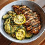 Zesty Asado Chicken & Lemon-Garlic Zucchini 5 Grilled Asado Chicken with Lemon Zucchini slices served in a bowl, garnished with fresh herbs and lemon