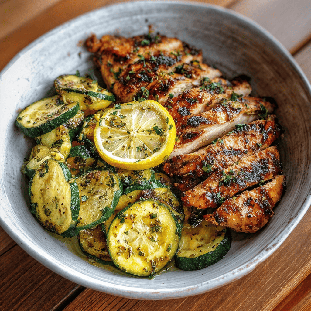 Zesty Asado Chicken & Lemon-Garlic Zucchini 3 Grilled Asado Chicken with Lemon Zucchini slices served in a bowl, garnished with fresh herbs and lemon