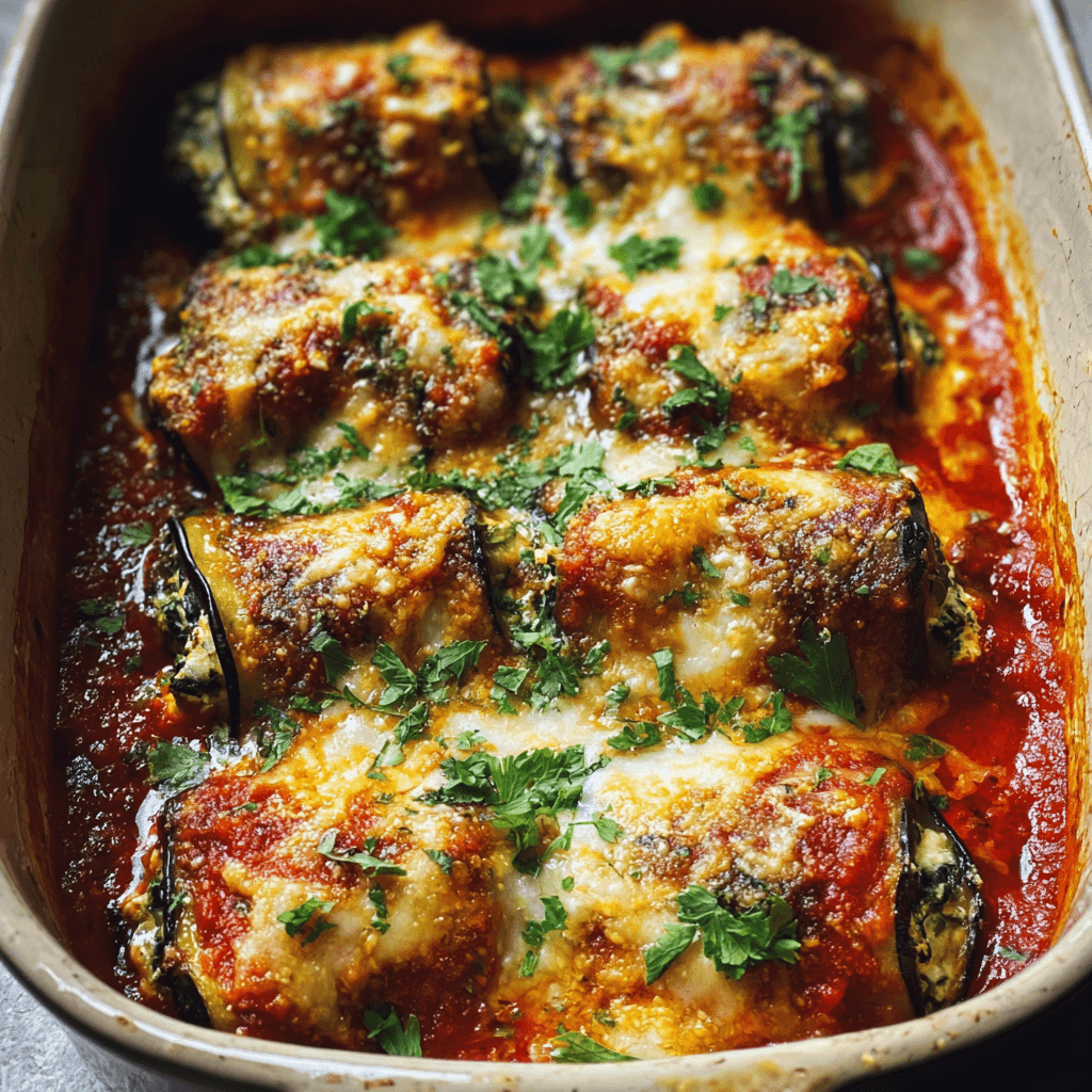 Eggplant Rollatini: Classic Italian Comfort with a Healthy Twist 3 Golden baked Eggplant Rollatini filled with ricotta and spinach, topped with melted cheese and parsley in rich tomato sauce.
