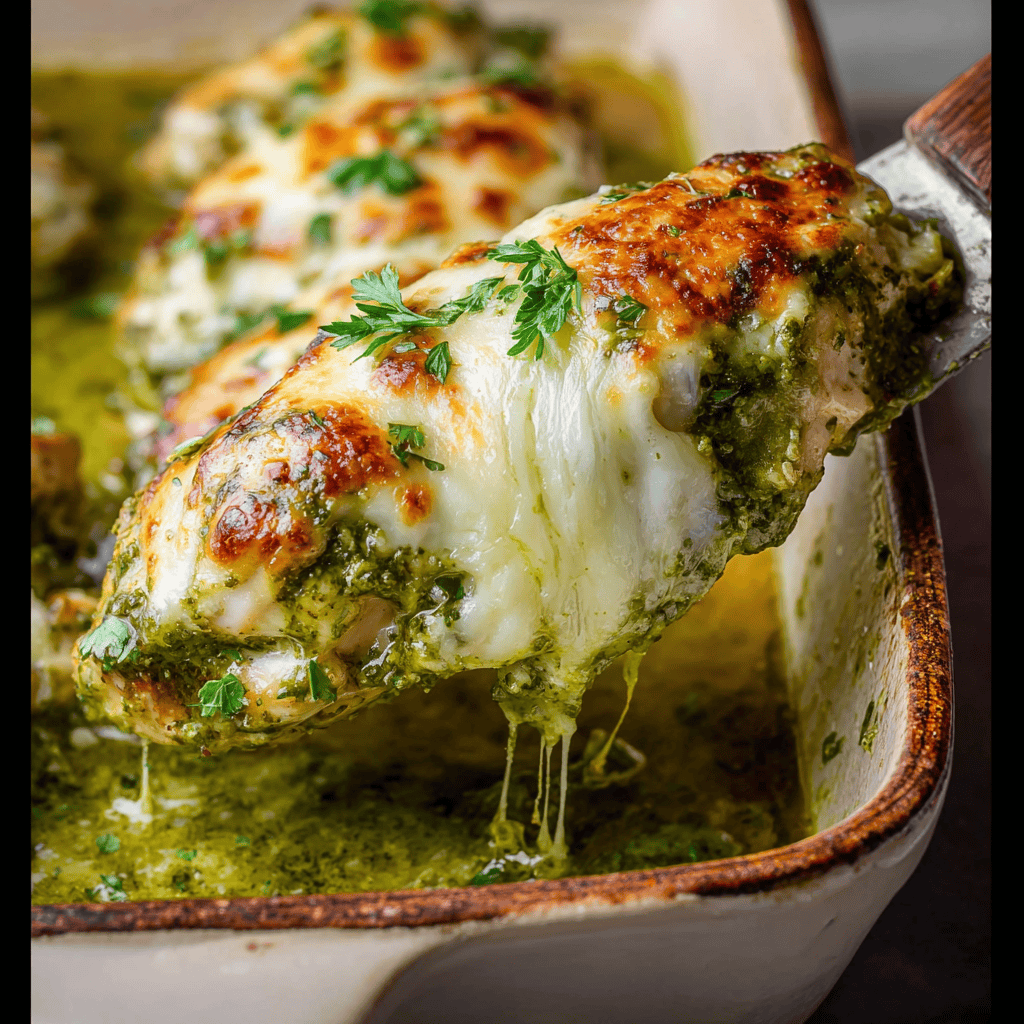 Baked Pesto Chicken : An Easy, Flavor-Packed Dinner 5 Cheesy baked pesto chicken breast lifted from a white baking dish with golden melted cheese and fresh parsley