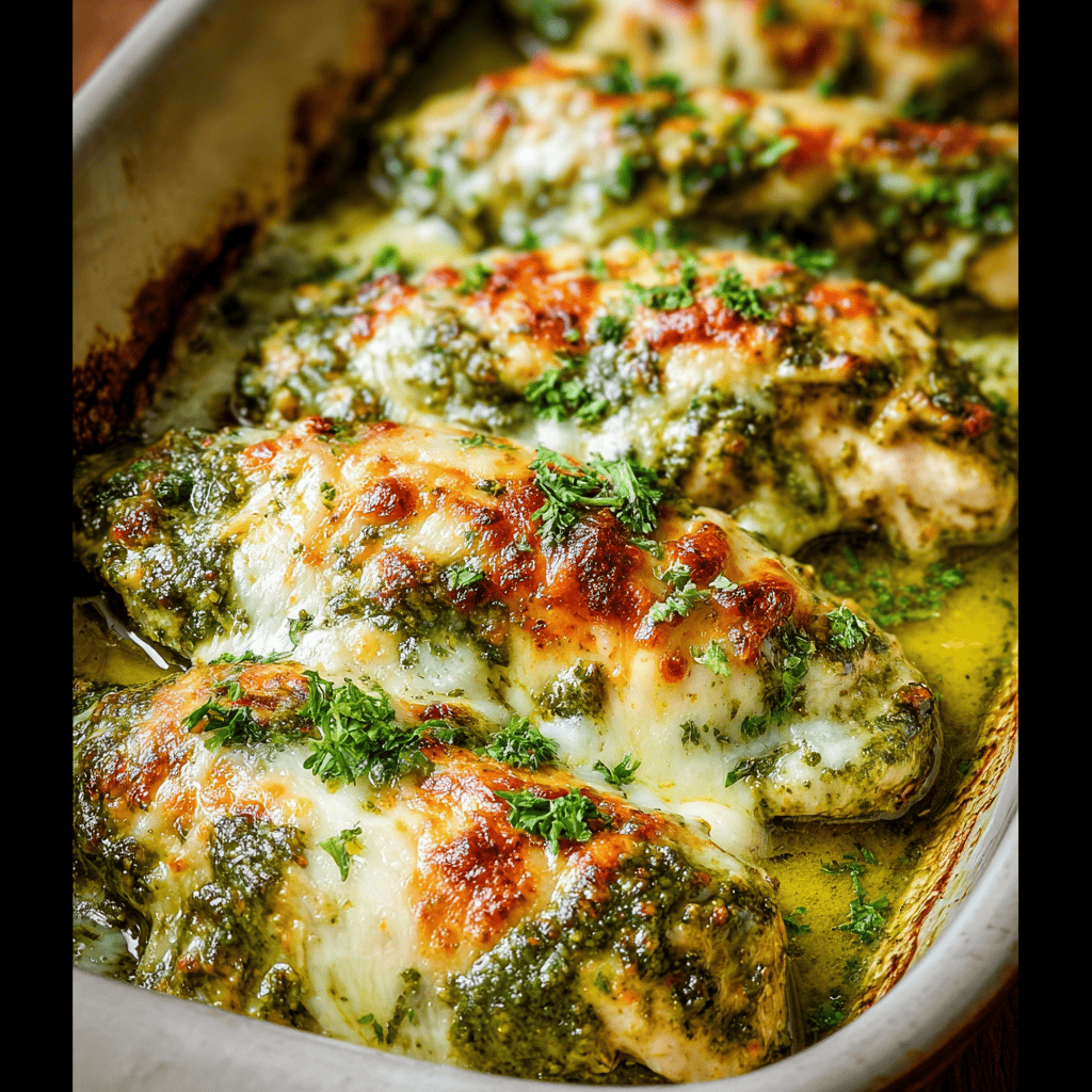 Baked Pesto Chicken : An Easy, Flavor-Packed Dinner 4 Juicy baked pesto chicken topped with golden melted cheese and fresh parsley in a white baking dish
