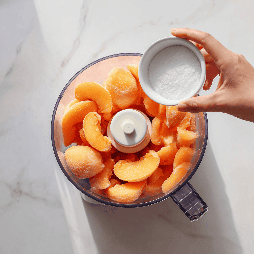 How to Make Peach Sorbet: The Ultimate Refreshing Treat 6 Frozen peach slices and sugar in a food processor to make homemade peach sorbet