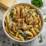 Garlic Parmesan Chicken Pasta: A Creamy One-Pan Dinner You’ll Crave 5 Creamy garlic parmesan chicken pasta in a white bowl, topped with fresh parsley and grated Parmesan cheese, ready to serve.