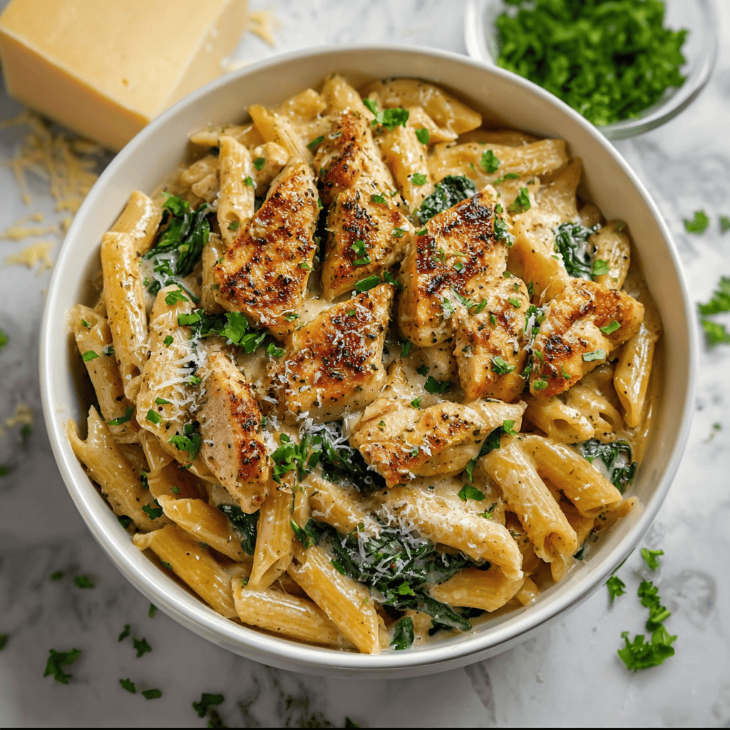 Garlic Parmesan Chicken Pasta: A Creamy One-Pan Dinner You’ll Crave 3 Creamy garlic parmesan chicken pasta in a white bowl, topped with fresh parsley and grated Parmesan cheese, ready to serve.