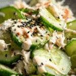 California Roll Cucumber Salad: A Fresh, Flavor-Packed Twist on Sushi 5 Close-up of California Roll Cucumber Salad with cucumber slices, shredded crab, sesame seeds, and creamy dressing
