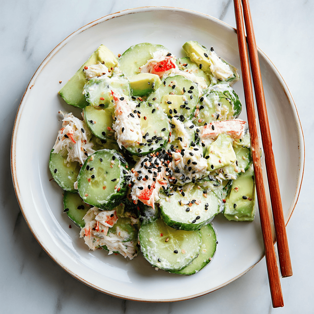 California Roll Cucumber Salad: A Fresh, Flavor-Packed Twist on Sushi 4 Fresh California Roll Cucumber Salad with sliced cucumbers, crab, avocado, and sesame seeds on a white plate with chopsticks