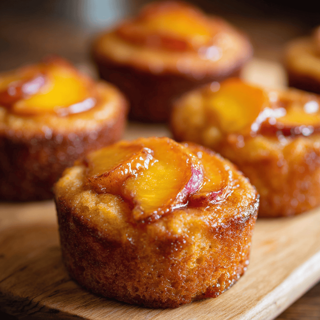 Peach Mini Cakes: A Delightful Bite of Summer 3 Freshly baked peach mini cakes with caramelized peach slices on top, served on a rustic wooden board