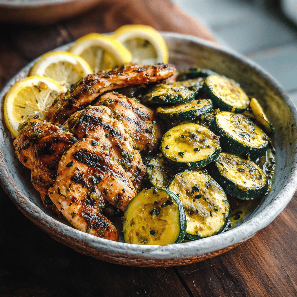 Zesty Asado Chicken & Lemon-Garlic Zucchini 4 Crispy grilled Asado Chicken with sautéed Lemon Zucchini and lemon slices in a ceramic dish