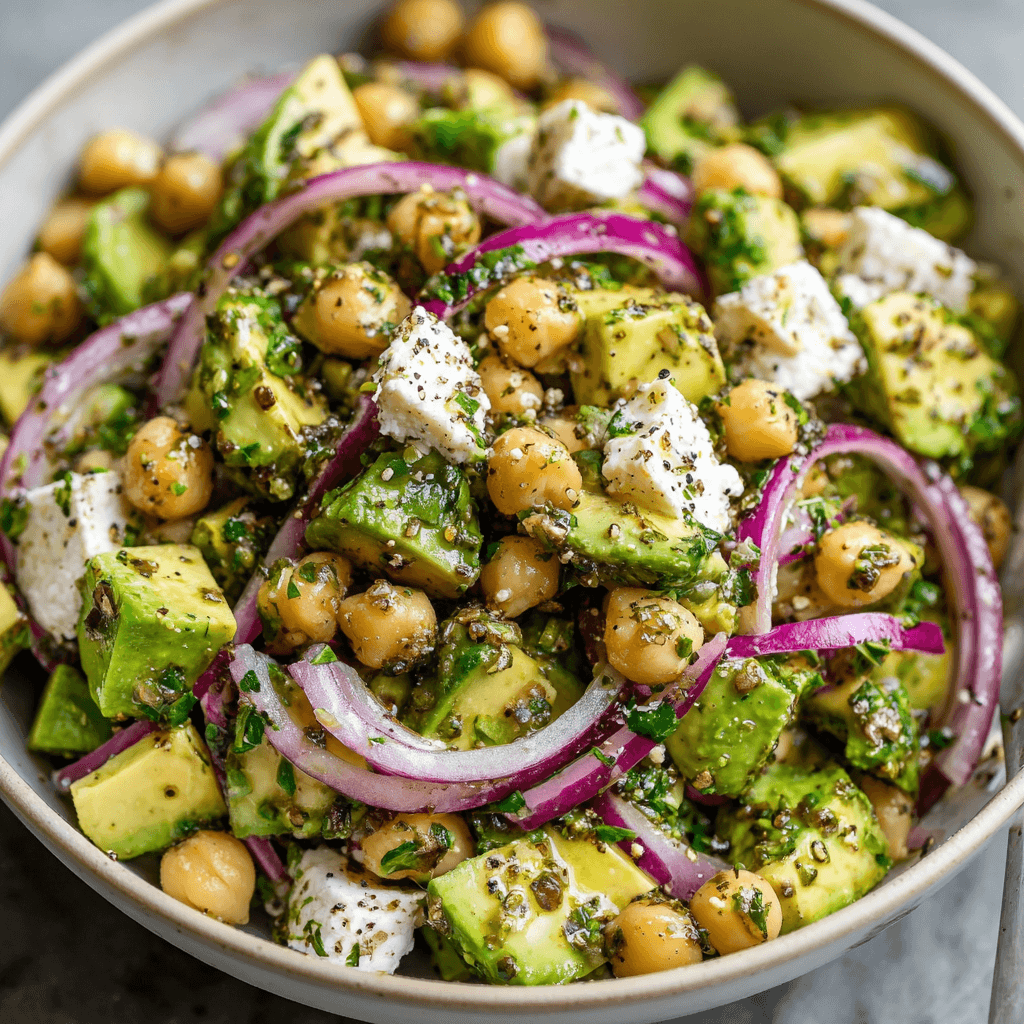 Chickpea Feta Avocado Salad: A Fresh & Flavorful Mediterranean-Inspired Delight 5 Close-up of chickpea feta avocado salad with red onion, herbs, and lemon dressing in a bowl