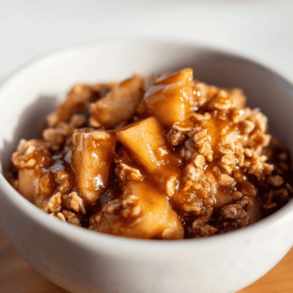Sourdough Discard Apple Crisp: A Tangy Twist on a Classic Fall Dessert 6 Macro close-up of sourdough discard apple crisp in a white bowl, showing golden oat crumble and cinnamon apples with caramel sauce.