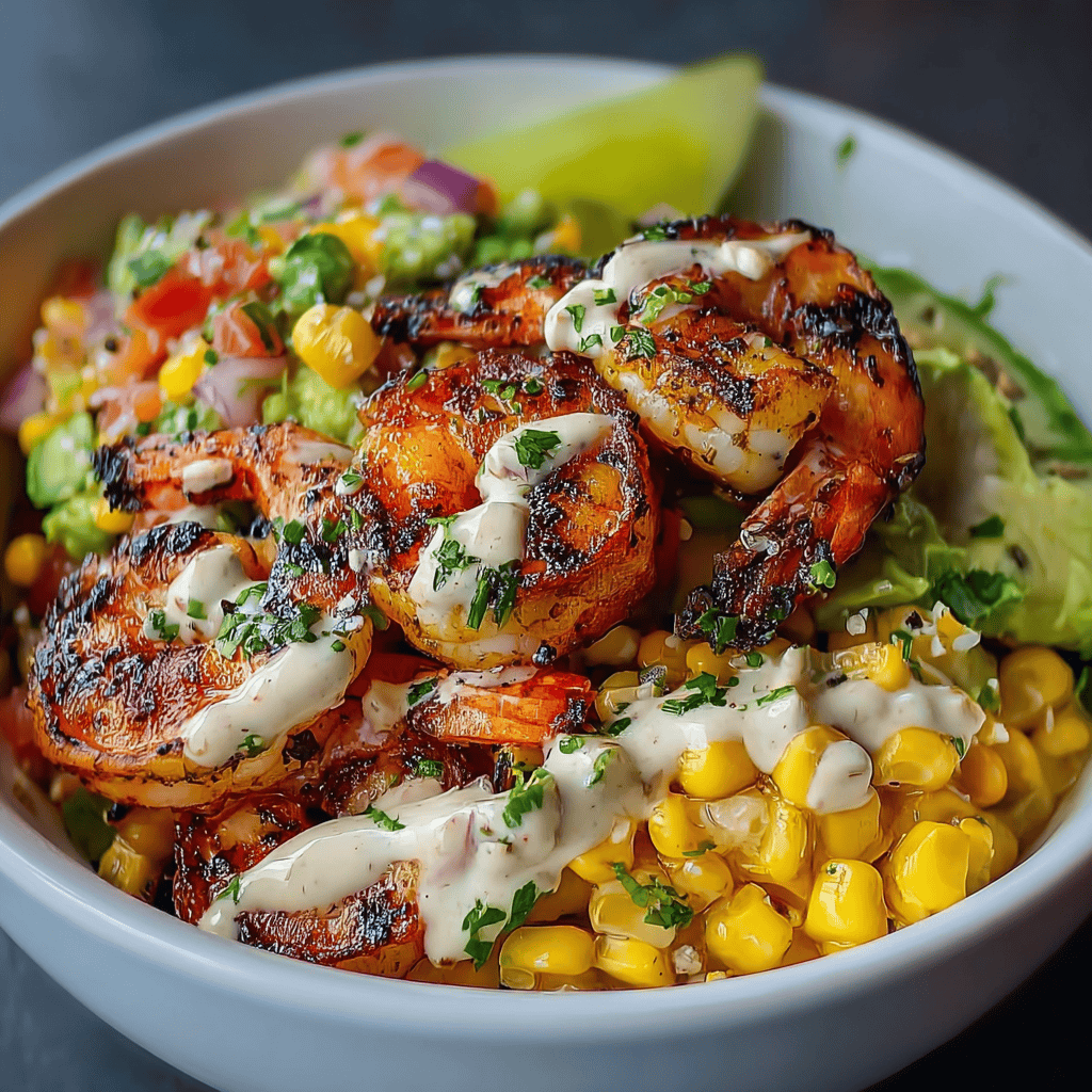 Grilled Shrimp Bowl with Avocado, Corn Salsa & Creamy Garlic Sauce 4 Close-up of grilled shrimp bowl topped with avocado, corn salsa, and creamy garlic sauce, garnished with fresh herbs in a white bowl.