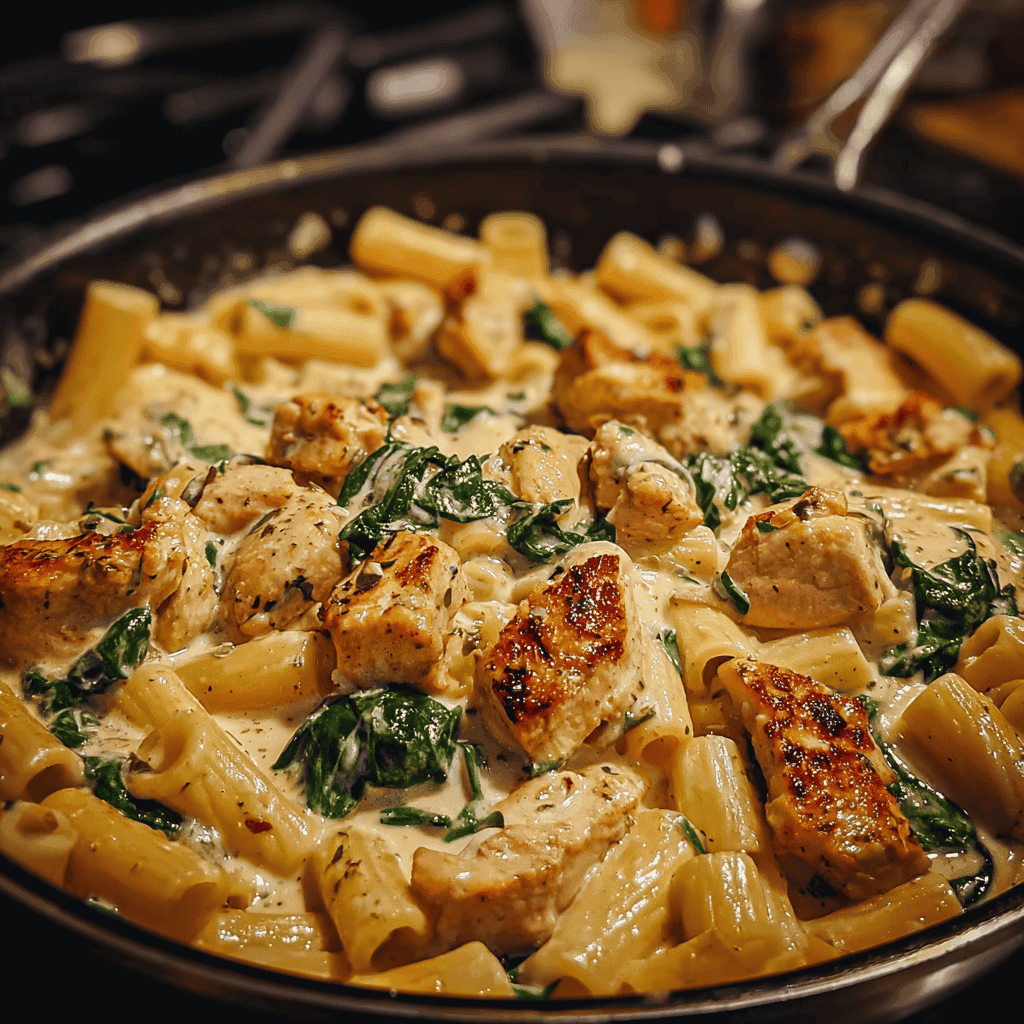 Garlic Parmesan Chicken Pasta: A Creamy One-Pan Dinner You’ll Crave 4 Golden seared chicken, rigatoni pasta, and fresh spinach in a creamy garlic parmesan sauce, ready to serve straight from the skillet.