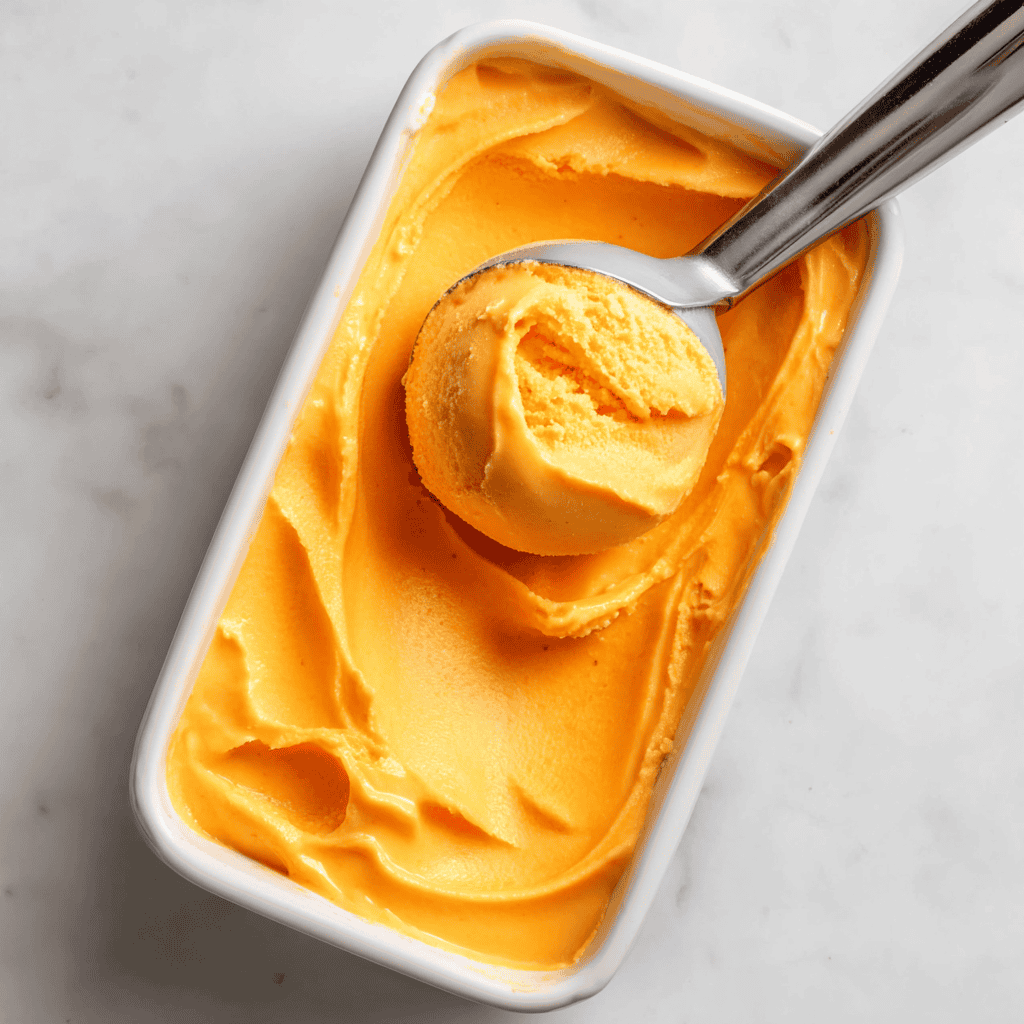 How to Make Peach Sorbet: The Ultimate Refreshing Treat 4 Scooped homemade peach sorbet in a white container, ready to serve