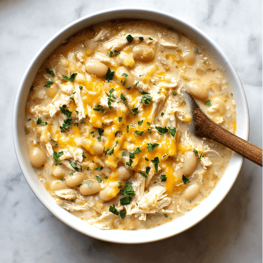 Creamy White Chicken Chili Recipe – Easy, Hearty, and Comforting 4 A close-up of creamy white chicken chili in a bowl with a wooden spoon lifting a scoop. Loaded with shredded chicken, white beans, cheddar cheese, corn, and garnished with parsley.
