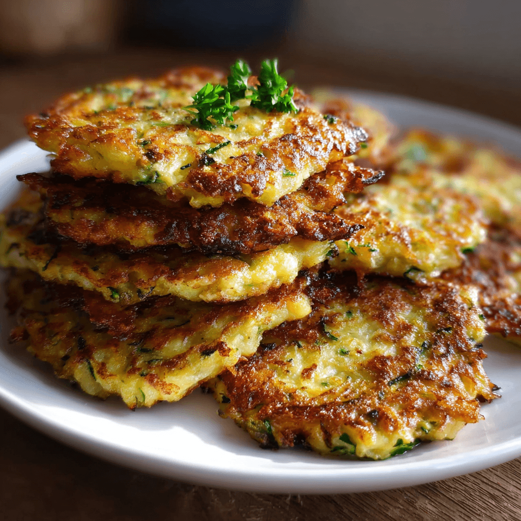 A stack of crispy zucchini fritters served on a white plate, golden-brown and speckled with fresh herbs – a delicious vegetarian snack or appetizer.