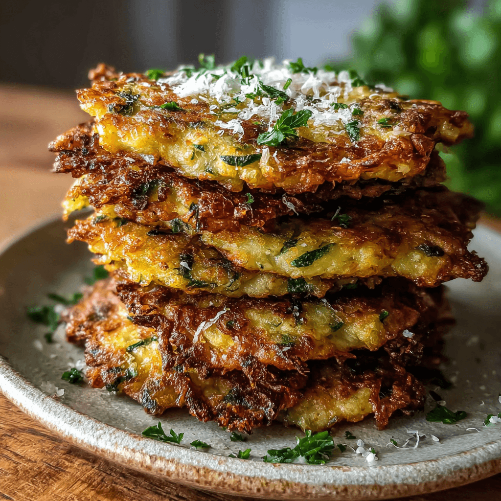 Crispy Zucchini Fritters: The Ultimate Guide to a Healthy and Delicious Dish 2 A stack of golden-brown zucchini fritters garnished with shredded parmesan and fresh parsley, served on a rustic ceramic plate near a window.