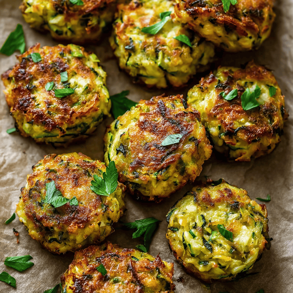 Golden brown zucchini garlic bites with herbs and crispy edges, served on parchment paper as a healthy snack or appetizer