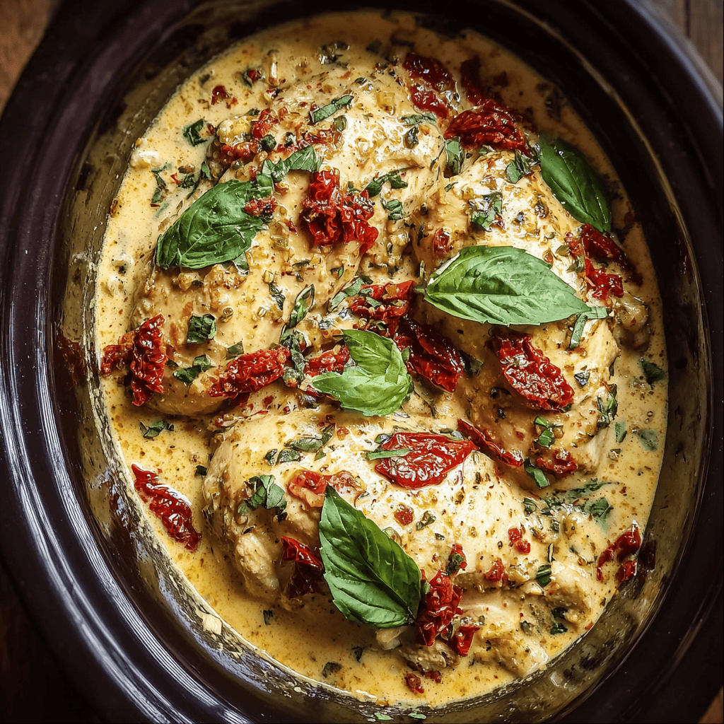 Crockpot Marry Me Chicken with Creamy Sauce 3 Slow-cooked Crockpot Marry Me Chicken with creamy garlic-Parmesan sauce, sun-dried tomatoes, and fresh basil in a crockpot