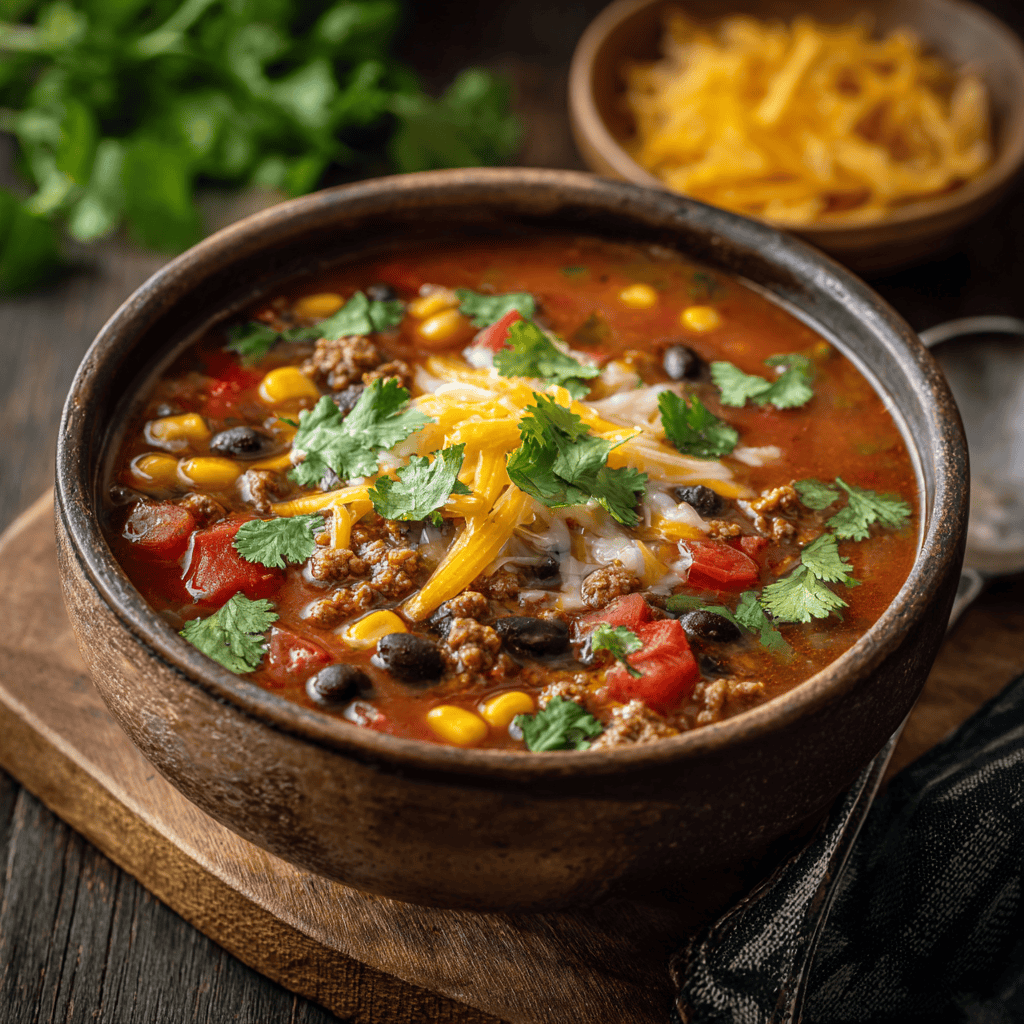 Cozy Weeknight Taco Soup: A Hearty, One-Pot Comfort 6 Close-up of a hot and comforting easy taco soup recipe topped with cheddar cheese and cilantro in a rustic bowl.
