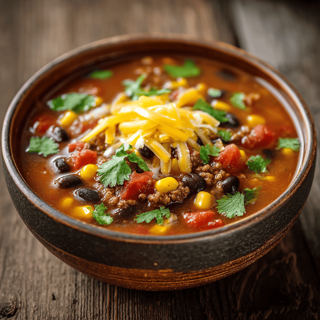 Cozy Weeknight Taco Soup: A Hearty, One-Pot Comfort 4 A hearty bowl of easy taco soup with ground beef, black beans, corn, tomatoes, and shredded cheese, garnished with fresh cilantro.