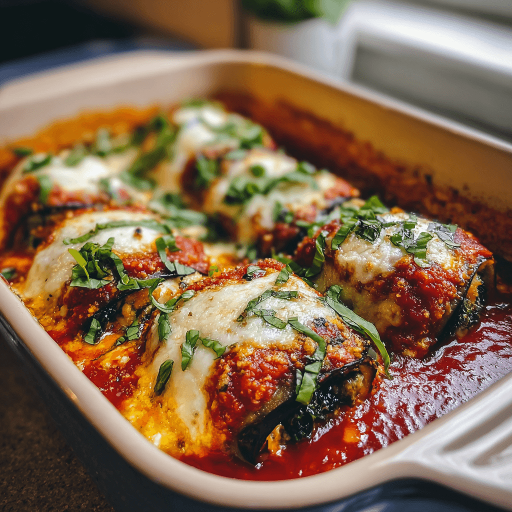 Eggplant Rollatini: Classic Italian Comfort with a Healthy Twist 4 Close-up of cheesy baked Eggplant Rollatini topped with basil, in a baking dish with rich marinara sauce.