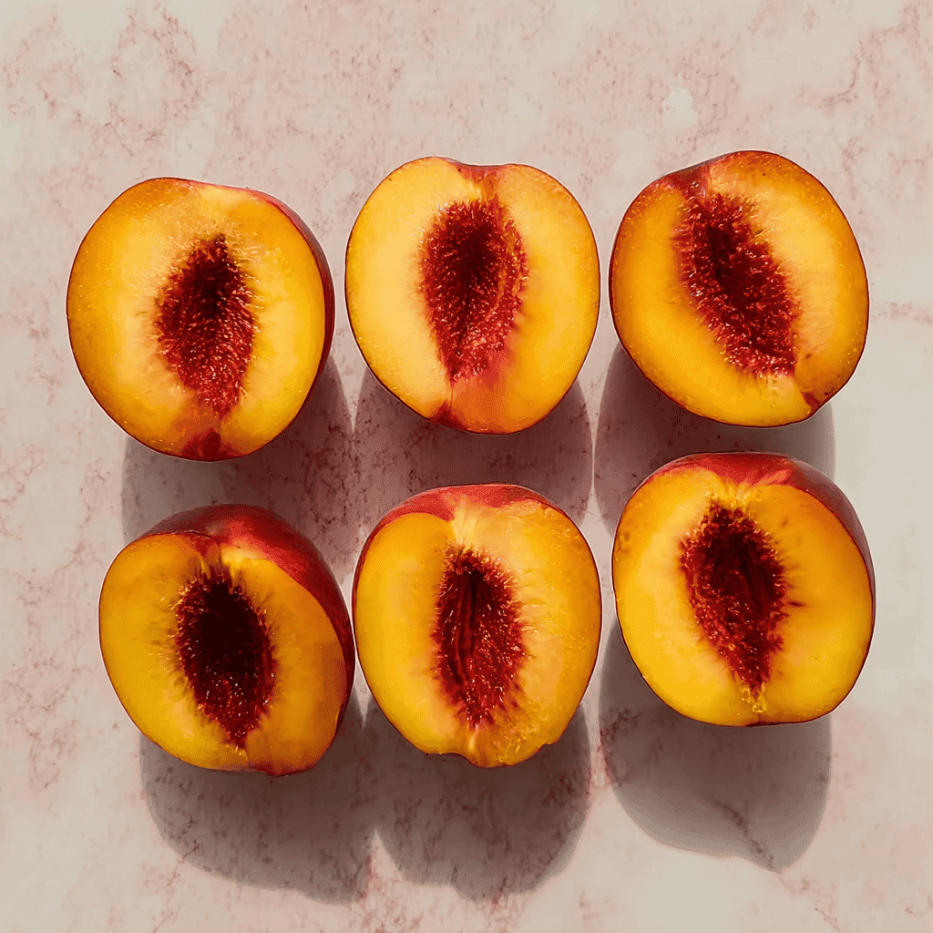 How to Make Peach Sorbet: The Ultimate Refreshing Treat 5 Six halved fresh peaches prepared for peach sorbet on a pink marble surface