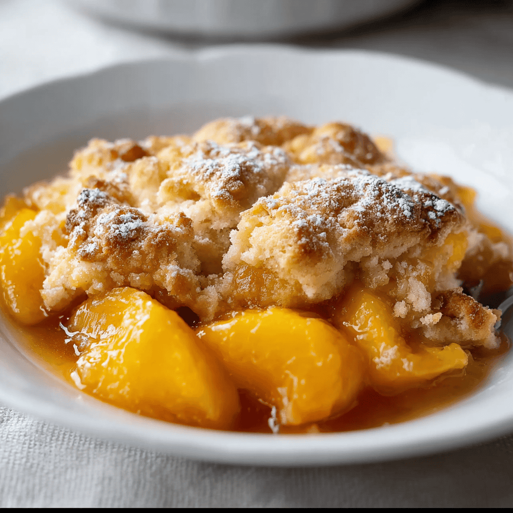 Peach Cobbler with Fresh Peaches – A Delicious Homemade Classic 4 Close-up of homemade peach cobbler with fresh peaches, featuring a golden biscuit topping and juicy peach slices served on a white plate.