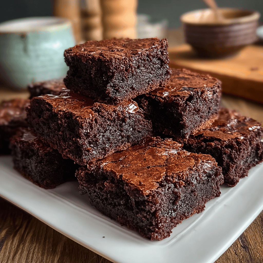 A moist slice of zucchini brownie topped with creamy chocolate frosting, served on a white plate with fresh zucchini in the background.