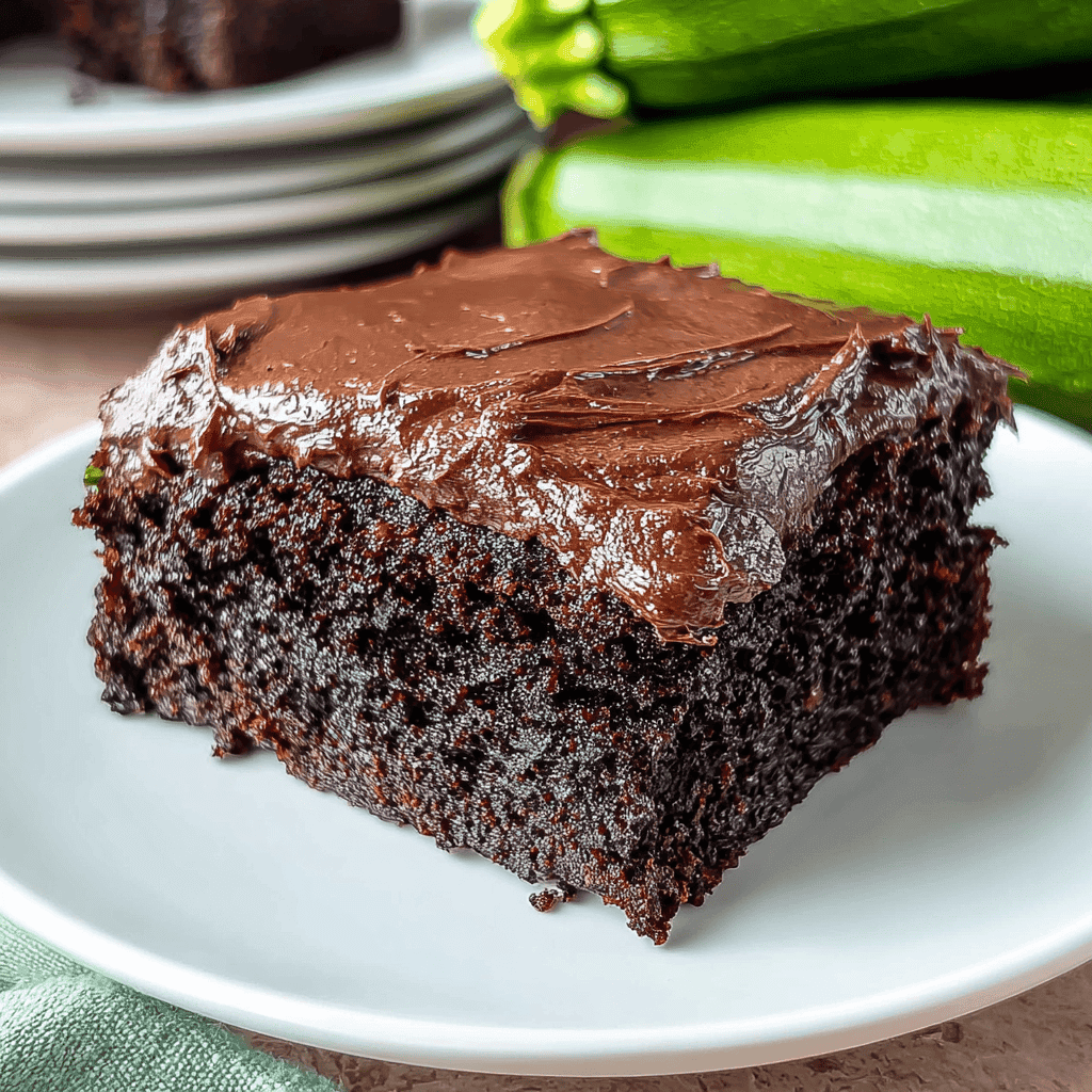 Fudgy Zucchini Brownies : The Perfect Garden-to-Dessert Recipe 4 A moist slice of zucchini brownie topped with creamy chocolate frosting, served on a white plate with fresh zucchini in the background.