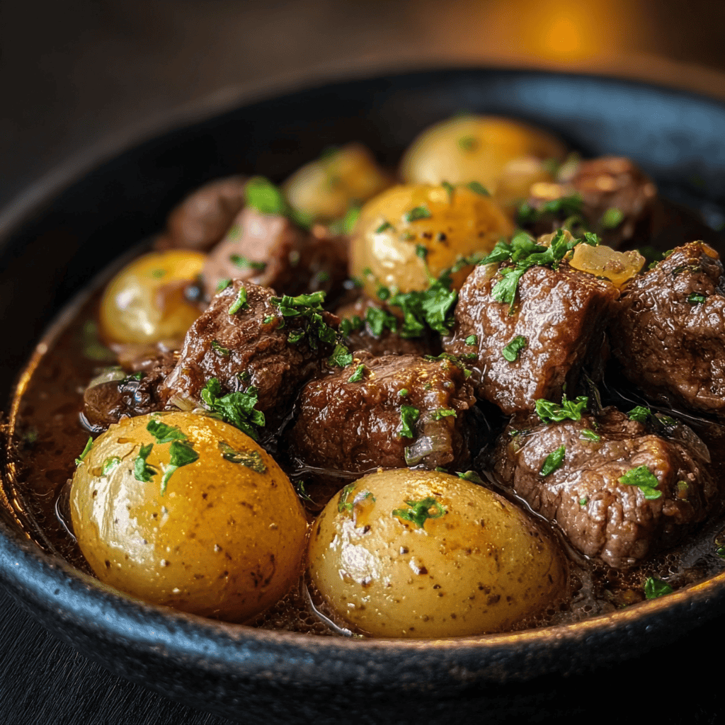 Garlic Butter Beef Bites with Potatoes – The Ultimate One-Pan Meal 3 Close-up of garlic butter beef bites with potatoes garnished with parsley, served in a rustic cast iron bowl.