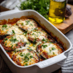 Step-by-Step Guide to the Perfect Baked Eggplant Parmesan 7 Eggplant parmesan baked in a white rectangular dish with golden melted mozzarella, marinara sauce, and parsley on top, fresh from the oven