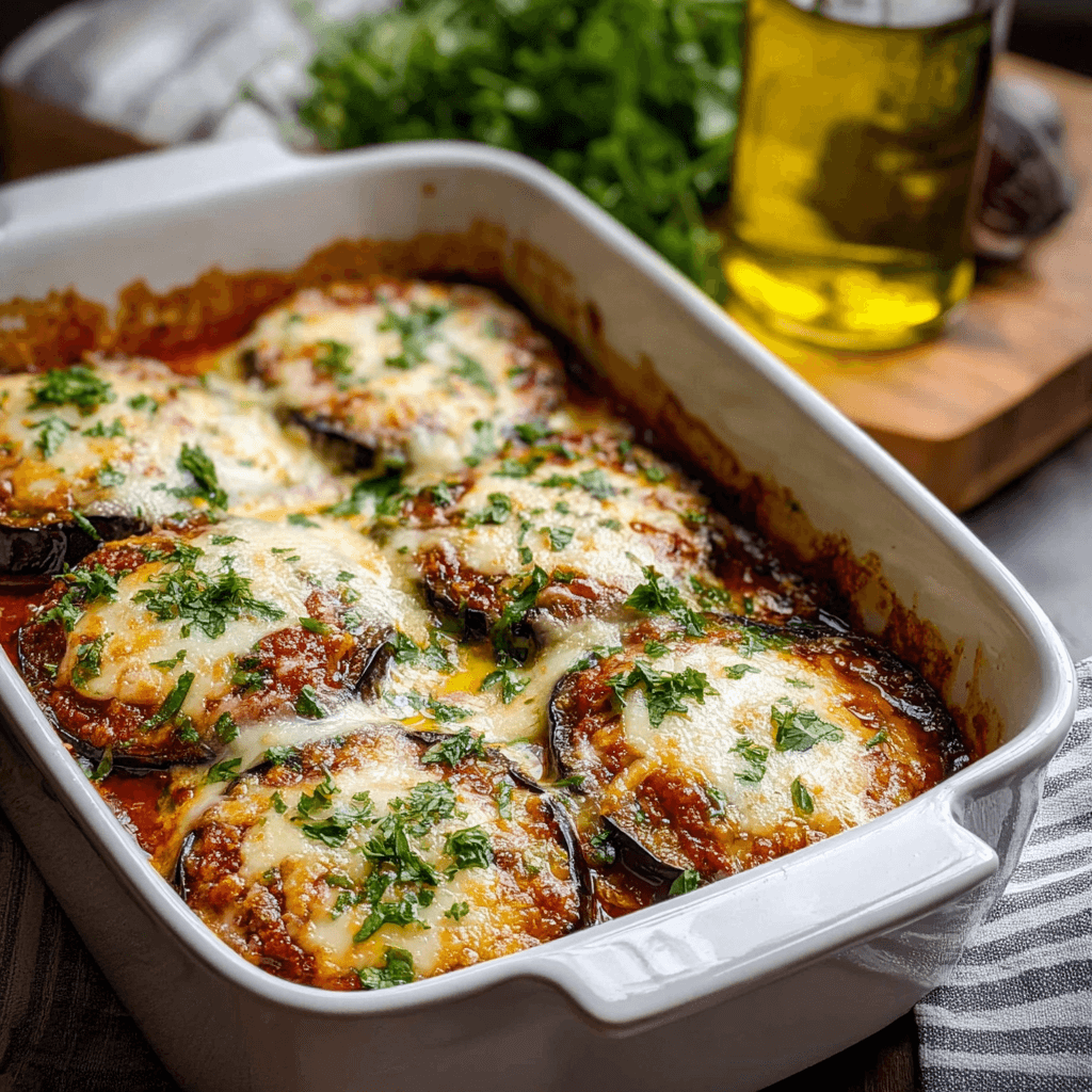 Step-by-Step Guide to the Perfect Baked Eggplant Parmesan 4 Eggplant parmesan baked in a white rectangular dish with golden melted mozzarella, marinara sauce, and parsley on top, fresh from the oven